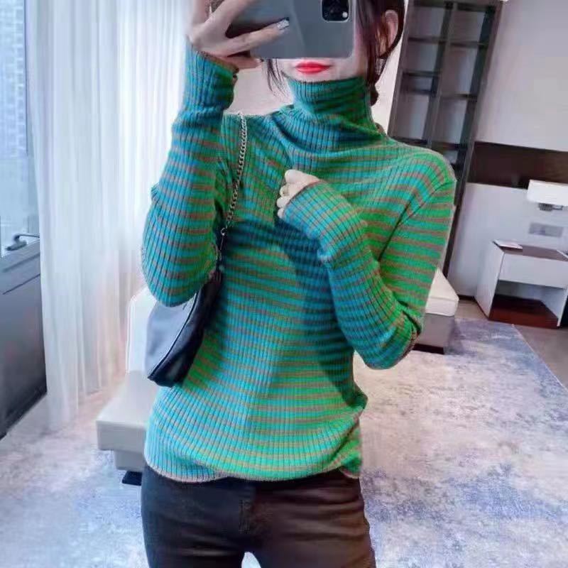 Striped Knitwear Women's Autumn and Winter New Korean Version Slim Long Sleeved Top Pullover Sweater Bottomed Shirt Fashion
