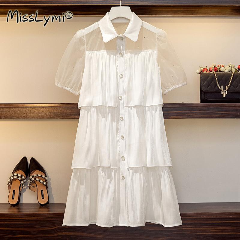 

Plus Size Dresses 4XL Women White Sweet Ruffle Tiered Summer 2021 See Through Puff Sleeve Patchwork Loose Ladies Shirt Dress, Black