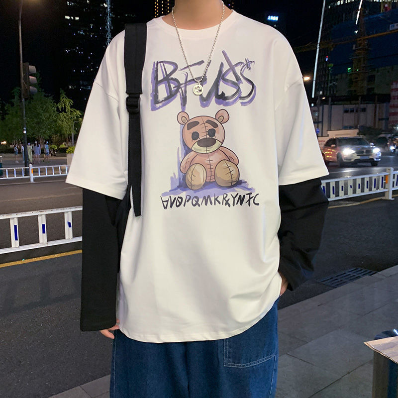 

2021 New Fake Two Piece Long Sleeve Korean Harajuku Funny t Shirts Fashion Tees Streetwear Japan High Street Bear Shirt Male Cjyz