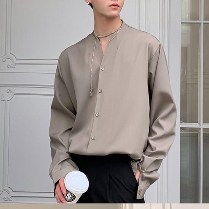

Men's Casual Shirts Fashion Men Shirt V Neck Long Sleeve Streetwear Solid Color Korean Irregular 2021 Button Loose Camisas, Black