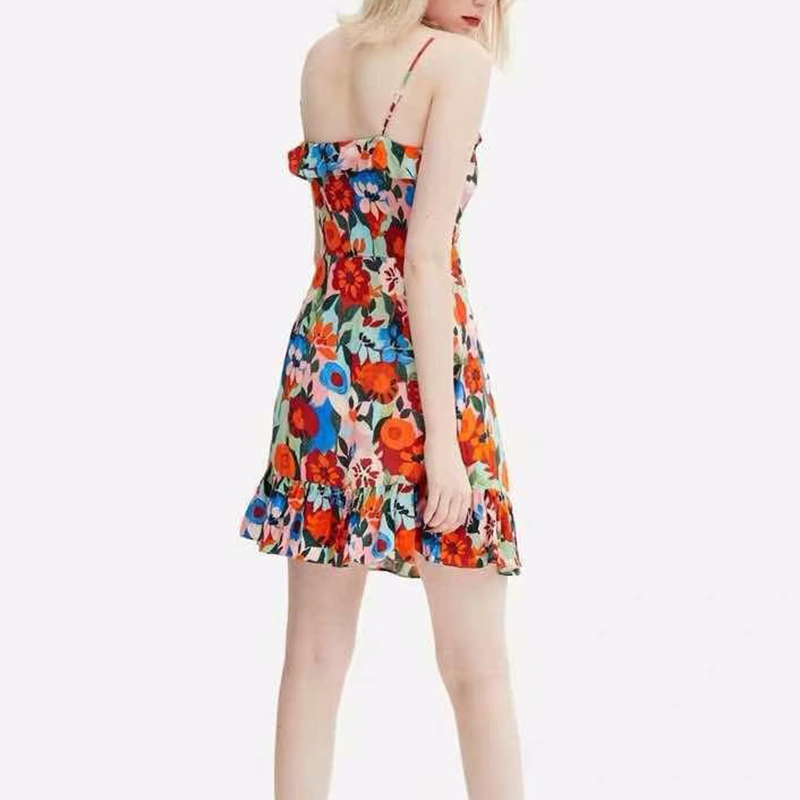 

Women Sexy Print Floral Mini Dress Vintage Ruffles Female Backless Boho Dress Casual Holiday Lady Beach Dress Vestidos, Black;gray