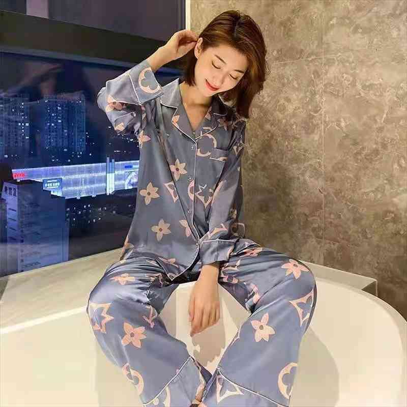 

Silk Pajamas Autumn And Winter Ladies Sexy Home Wear Cardigan Long-sleeved Trousers Two-piece Casual Girls Loose Casual Pajamas, Black;red