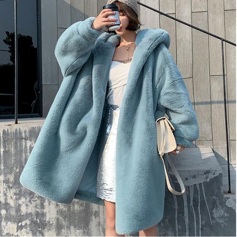 

Women's Fur & Faux Winter Women Plush Coat Oversized Solid Color Warm Jacket Long Thick Imitate Mink Loose Hooded Parka Overcoat G1322, Black