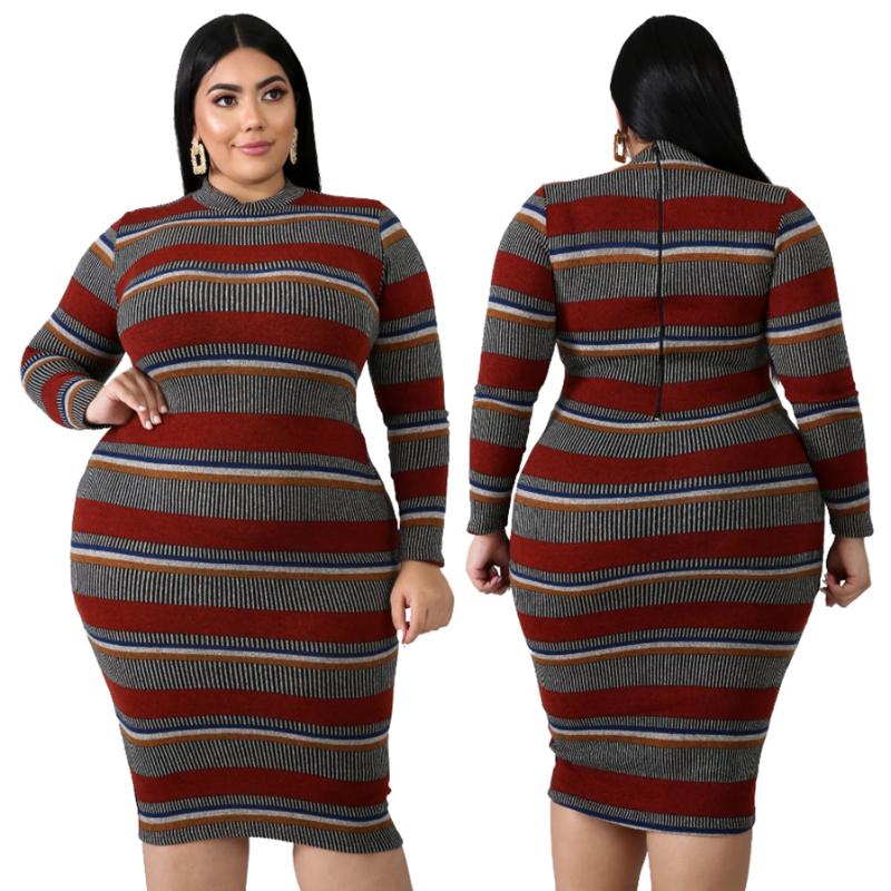 

Plus Size Dresses Summer Dress 2021 Sexy Long Sleeve Striped Midi Women Party Bodycon Club Jurken Rozmiar Sukienki, Black