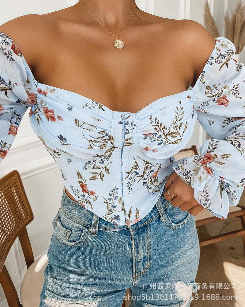 

Women' Blouses & Shirts Women Elegant Floral Print Ruched Crop Top Shirt Ladies Long Puff Sleeve V Neck Off Shoulder Front Open Short T-shi