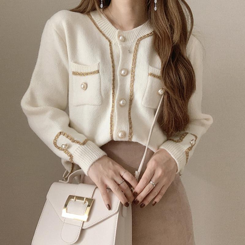 

Women's Knits & Tees Autumn Winter Korea Retro Thin V-Neck Chic Pearl Buckle Gold Silk Stitching Knitted Cardigan Sweater Jacket Y76, White