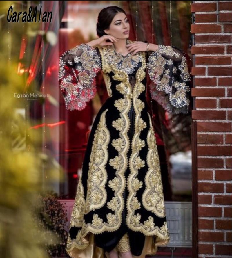 

Party Dresses Three Pieces Traditional Kosovo Albanian Caftan Black Evening Long Sleeves Gold Applique Prom Dress Vestido De Novia, Customize color