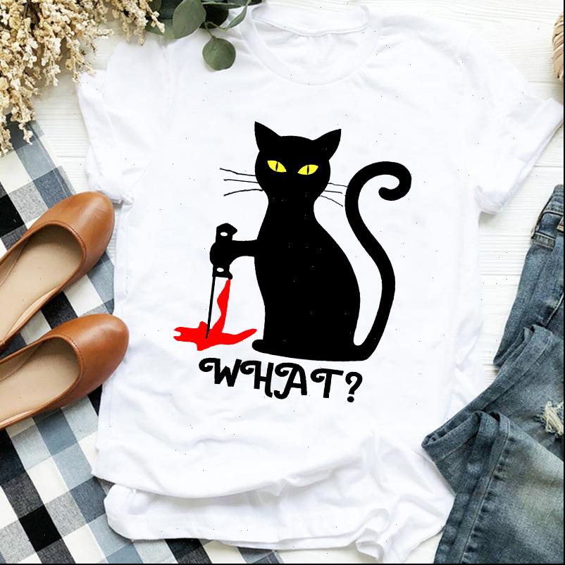 

women t shirt what cat scary horror print short sleeve o neck loose tshirt tee female clothes camisetas mujer, White