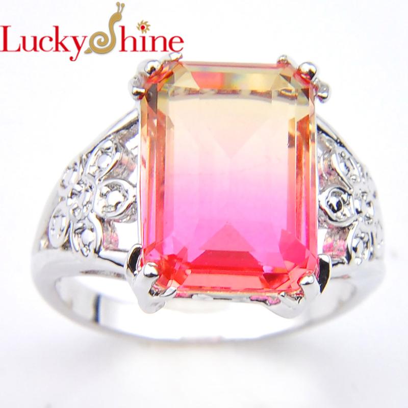 

Wedding Rings Luckyshine For Women Square Crystal Zircon Silver Plated Jewelry Fashion Simple Colorful Bi Colored Tourmaline