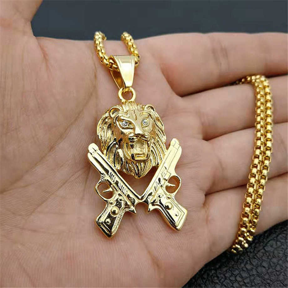 

Lion Head Gun Charms Necklace Rock Punk Style Men/Women Jewelry Gold Color StainlSteel Chain Necklace & Pendant T1347 X0707