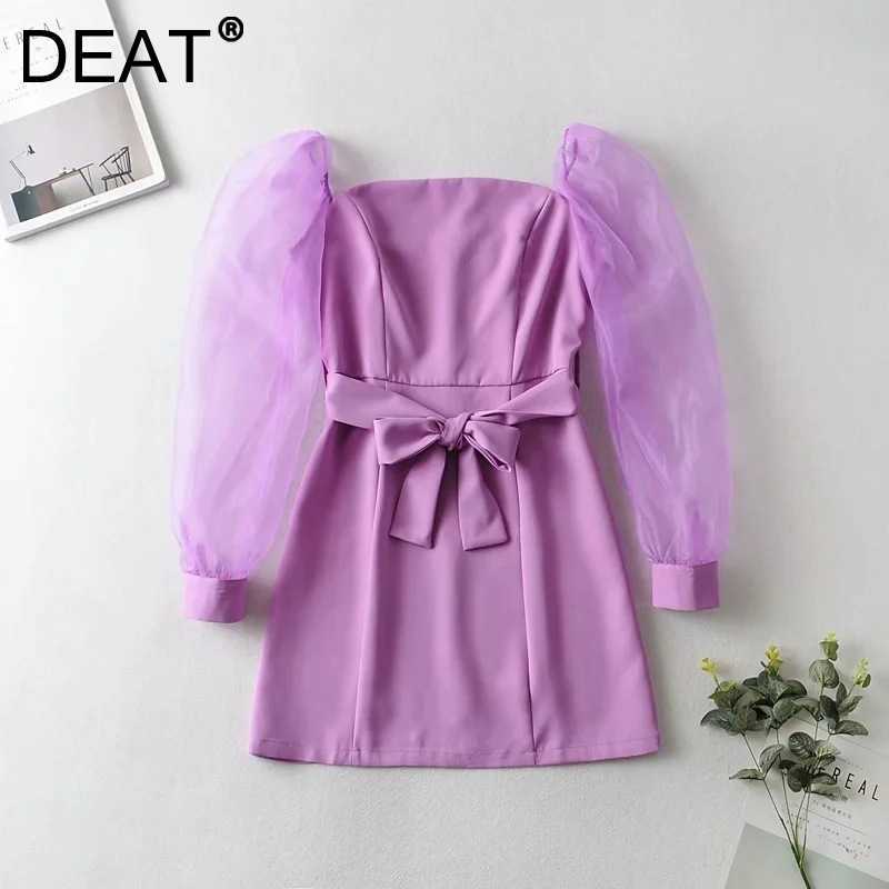 

DEAT Women Patchwork Bandage Dress Square Collar Long Sleeve Arrivals Lady Temperament Fashion Spring Autumn 11D1692 210709, Purple