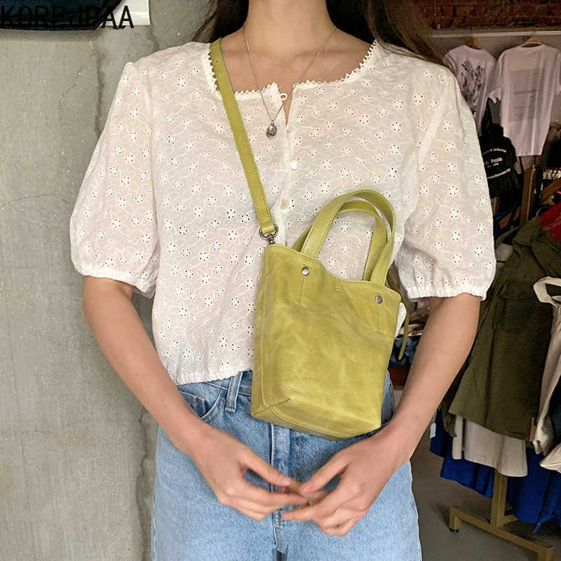 

Korejpaa Women Shirt Summer Korean Chic Retro Age-Reducing Square Neck Lace Hollow Embroidery Stitching Puff Sleeve Blouses 210526, White