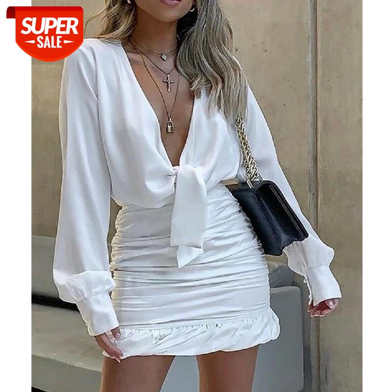

Sexy Women Ladies Deep V Neck Lapel Dress Plunge Ruched Ruffles Cuff Mini Dress Casual Solid Office Party Outwear Streetwear #AA5i, Black;gray