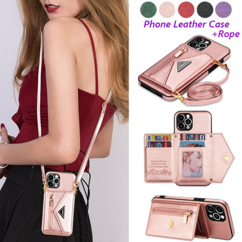 

Card Holders Women Phone Crossbody Strap Lanyard PU Leather Wallet Holder Case For IPhone Necklace Chain Bag, Black