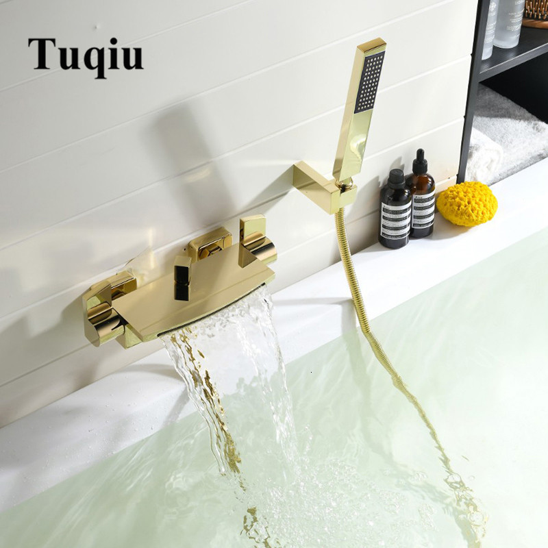 

2021 New Set Wall Mounted Waterfall Bathtub Faucet, Bathroom Cold Hot Bath and Shower Mixer Taps Brass Gold 6zg1