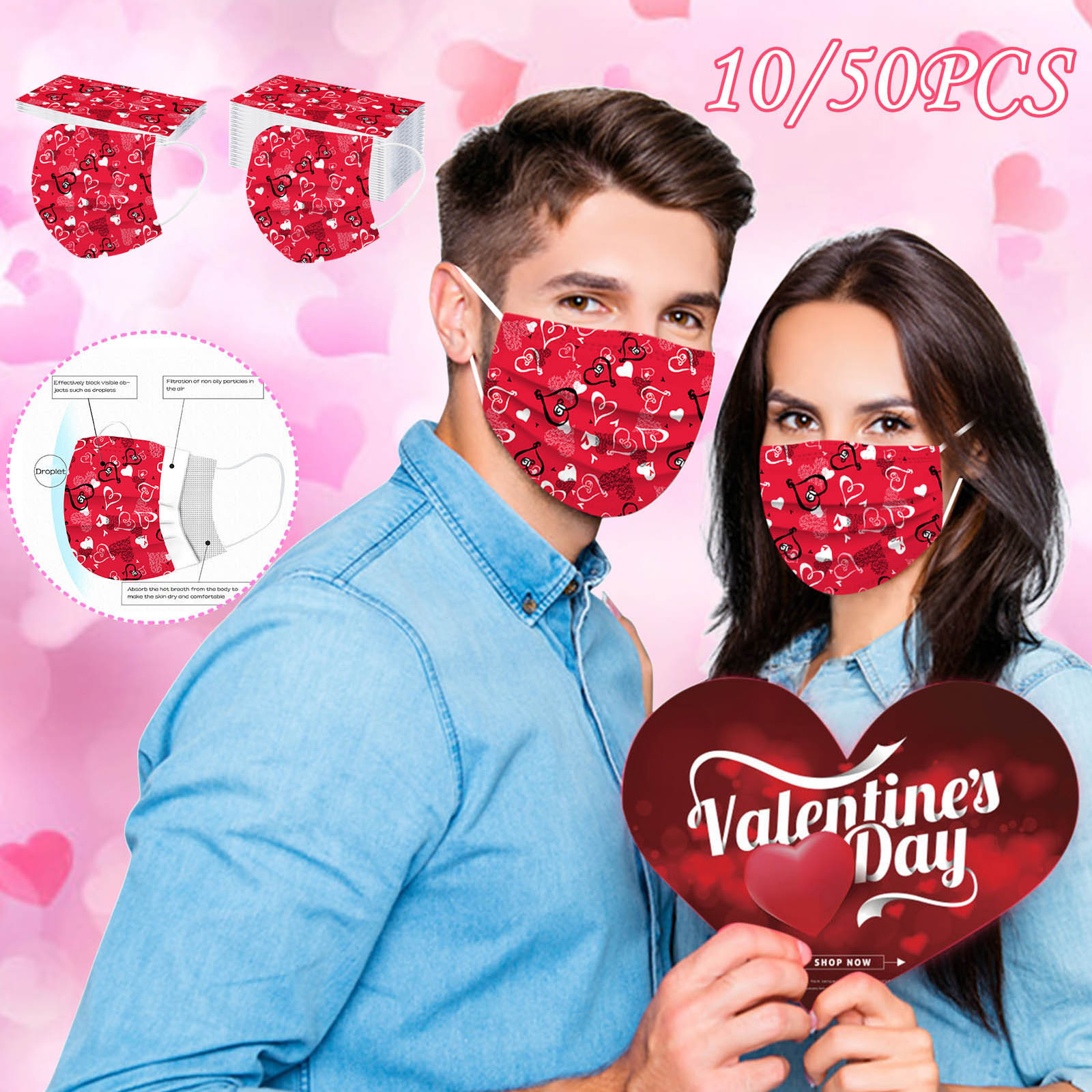 

Designer Adult Face Mask Disposable Valentines Day with Elastic Ear Loop 3 Layers Breathable Dustproof Anti-Pollution Masks