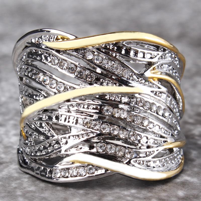 Wedding Rings Sparkling Women&#039;s Vintage Crossover Statement Ring Luxury Two Tone Bride Engagement Band-image-711416129