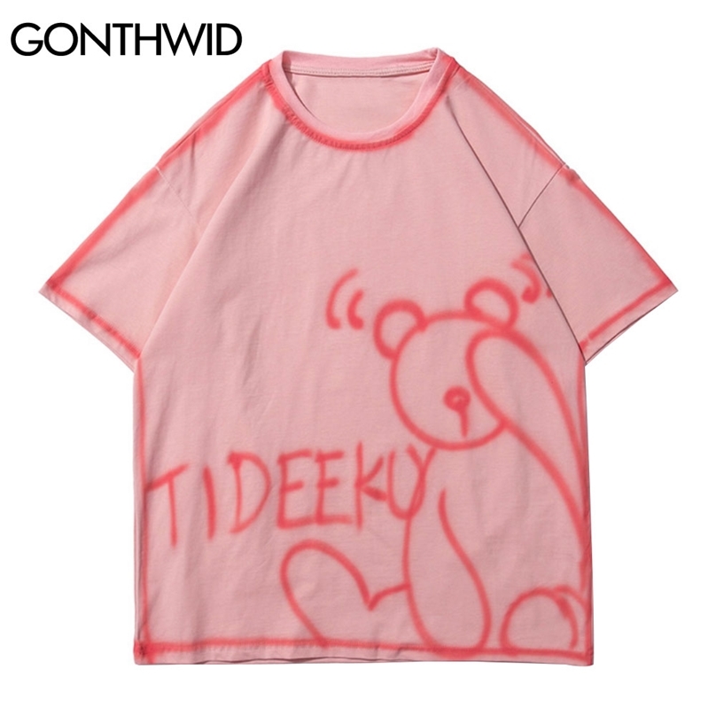 

Tees Shirts Streetwear Hip Hop Graffiti Bear Tie Dye Tshirts Harajuku Fashion Short Sleeve Tops Casual Loose T-Shirts 210602, Black