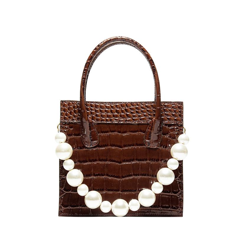 

Leather crocodile pattern, pearl handbag, women's new trendy one-shoulder messenger bag, luxury handbag, Coffee