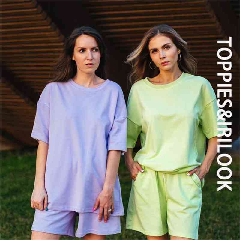 

Toppies Summer Tracksuits Two Peices Set Leisure Outfits Cotton Oversized T-shirts High Waist Shorts Candy Color Clothing 210721, Violet