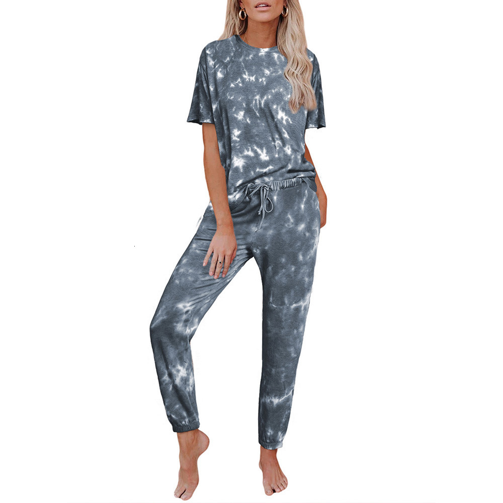 

2021 New Home Casual Short Sleeve Two Summer Autumn Sports Tie-dye Piece Set Lounge Wear Sets for Women Nmra, 8858-1