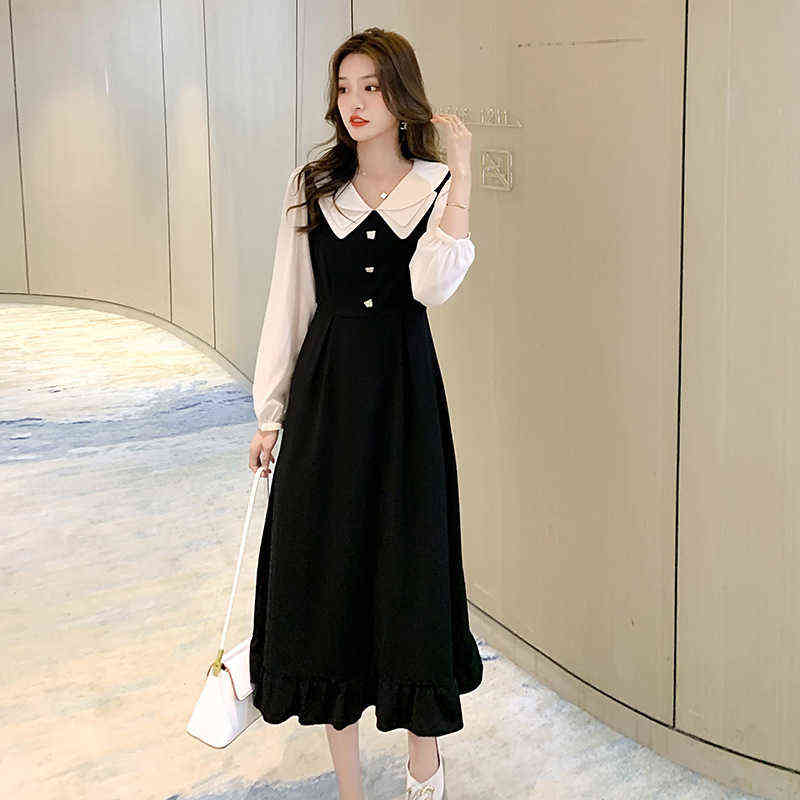 

Luxury Dress Fake Two Black A-line Long Skirts 2022 Tea Break Dresses in Early Autumn, Black;gray