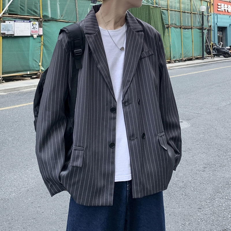 

2021 New Striped Male Print Breasted Suit Long Sleeve Jacket Men Blazers Casual Western-style Clothing -2xl 9zpd, Gray.