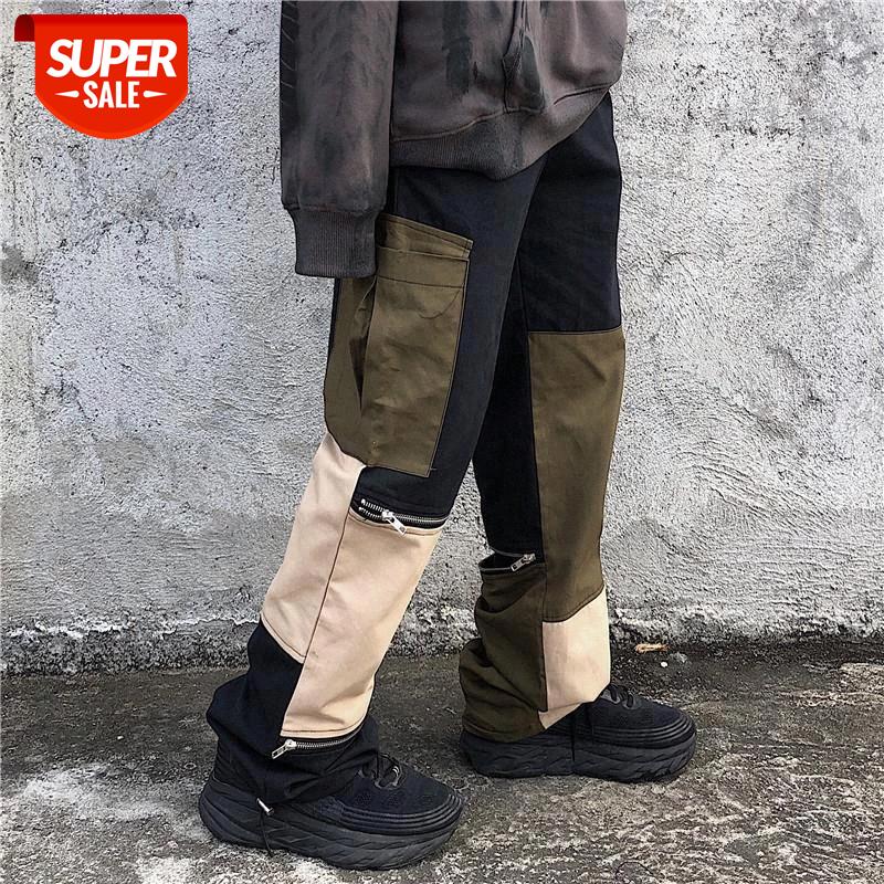 

Korean trendy Loose Cargo Pants retro dark black high street stitching zipper overalls Pants Middle High Waist Wide Leg #Hn7d, Black;white