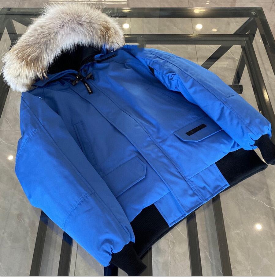 

Men Chilliwack Bomber Down Jacket Real Wolf Fur Hooded Appliques Short Parkas Zipper Pockets Warm Outwear Designer Women Rib Cuff Ruff Winter Coat, Jacket dustbag