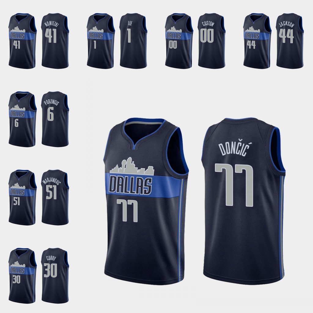 

Dallas Mavericks Men Justin Jackson Luka Doncic Kristaps Porzingis Dirk Nowitzki NBA Navy Custom Statement Jersey, Black;red
