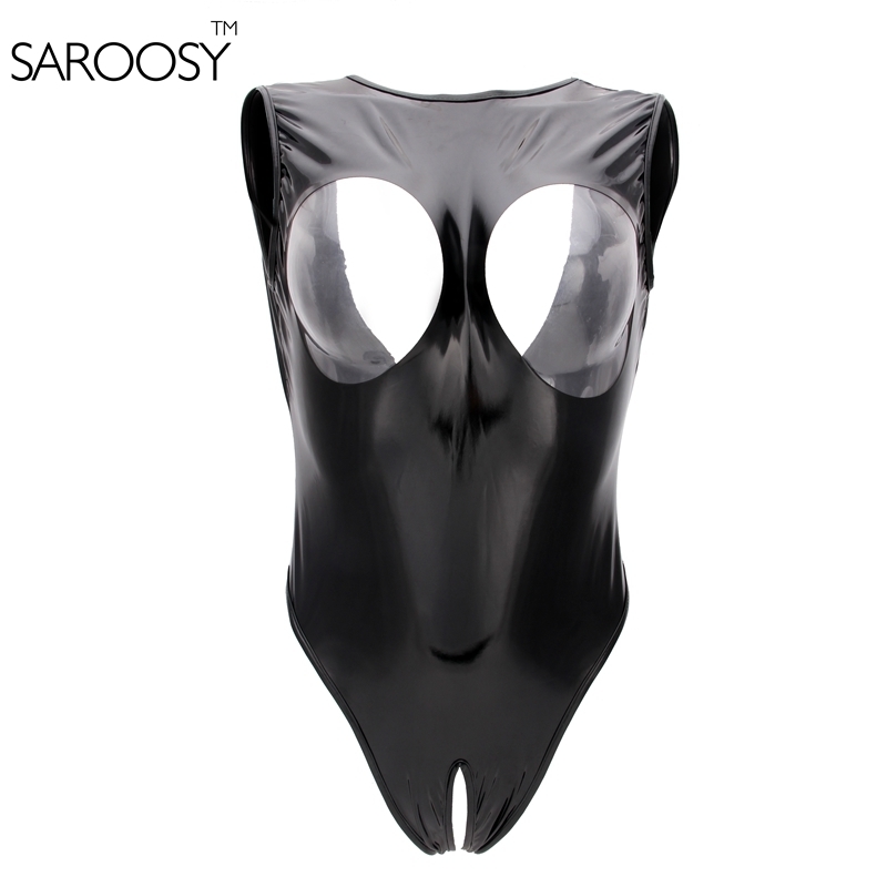

SAROOSY Sexy Elastic PVC Vinyl Black for Women High Cut Thong Open Cup Erotic Leotard Costumes Latex Bodysuit Plus size