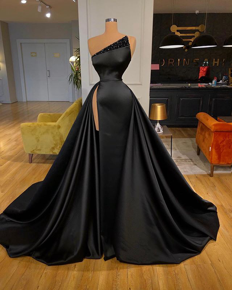 

2021 New Simple Beading Long Mermaid African Women Black Satin Formal Party Evening Gowns Vestidos Fiesta De Noche Noqt, Ivory