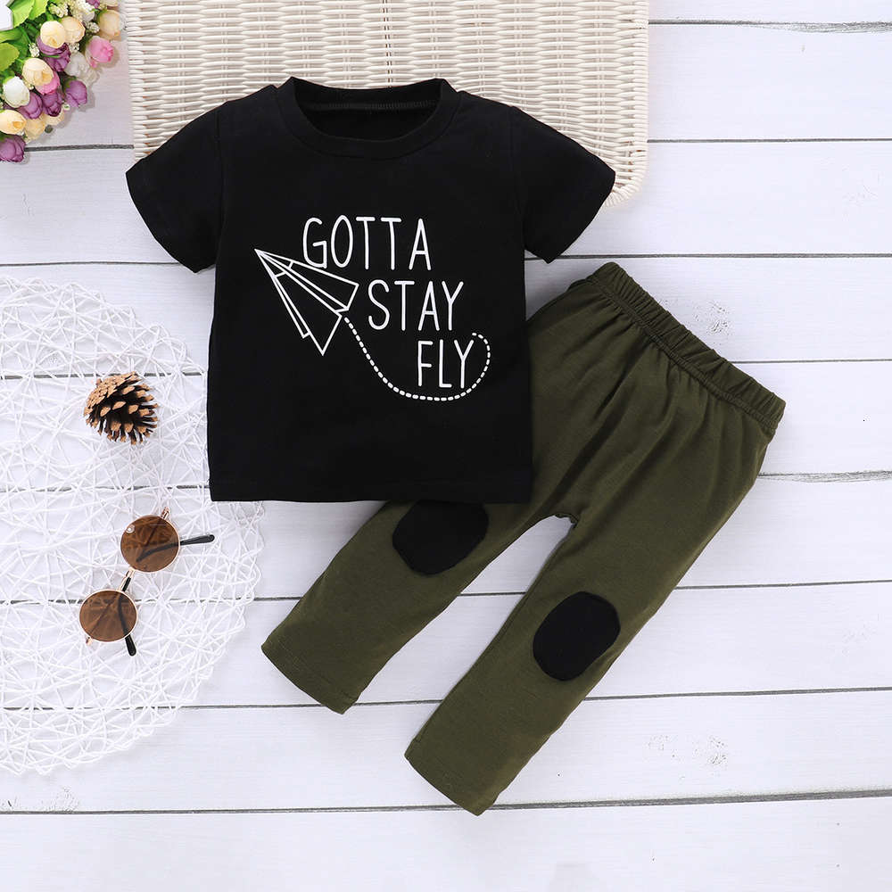 

Boys and girls suits Suit short sleeve Pullover two piece black letter summer men's pants suit children's wear, White