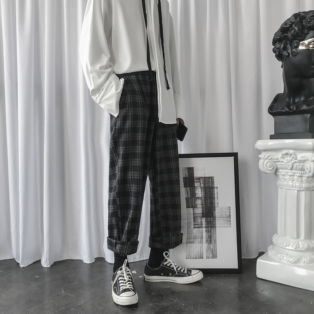 

2021 New Men's Fashion Lattice Printing Leisure Wide Leg Cotton Casual Pants Loose Trousers Active Elastic Sweatpants M-2xl Piv7, Black