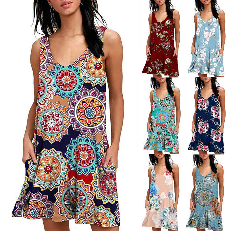 

2019 new V-neck print sleeveless vest pocket swing dress LKDH, Black;gray