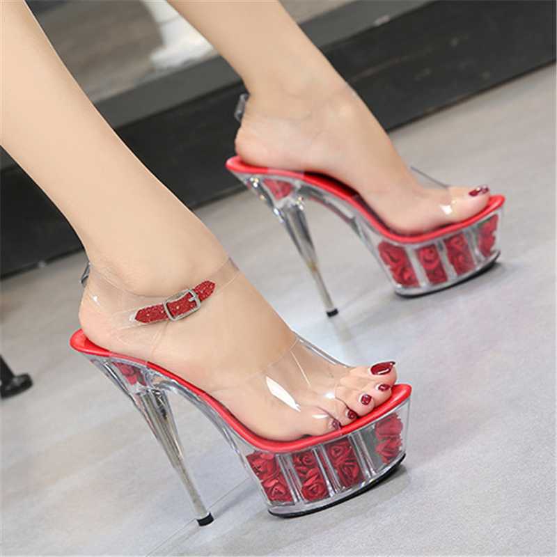 

2021 Summer New Fashion Ankle Wrap 15CM High Heel Peep Toe Sandals Sexy Transparent Crystal Flowers Platform Party Dress Pumps, White