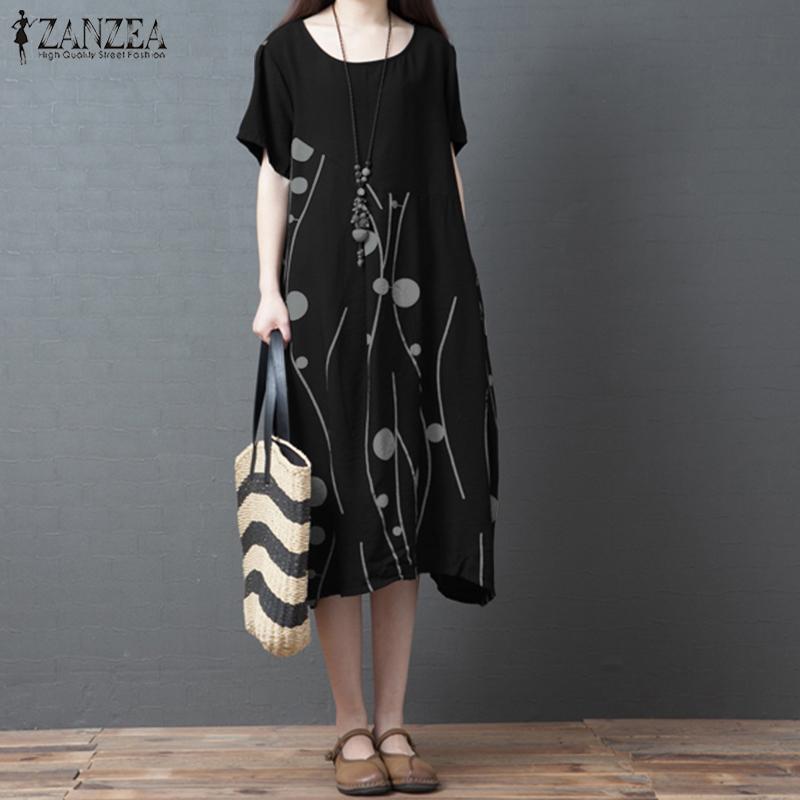 

Vintage Printed Knee Length Dress Women's Summer Sundress ZANZEA 2021 Casual O-Neck Short Sleeve Tunic Vestidos Plus Size Robe, Black;gray