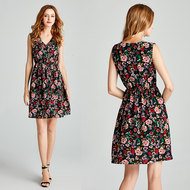 

2021 Summer New v Neck Floral Print Boho Beach Holiday Women Sleeveless a Line Mini Sexy Party Sun Robe K7aq