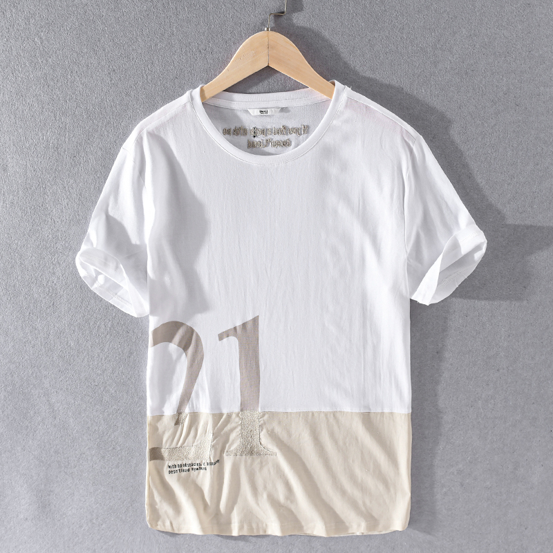 

2021 New Bordado Respirvel Branco Linho t Masculina Marca Itlia Moda Camiseta Para Homem O-pescoo Solto Tshirt Masculino Camisa Overhemd Ruj, White