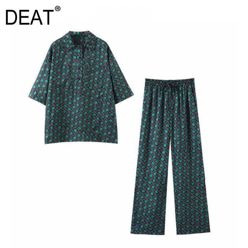 

[DEAT] Summer Fashion Short Sleeve Single-breasted Turn-down Collar Shirt Drawstring Loose Wide Leg Pants Suit 13C535 210527