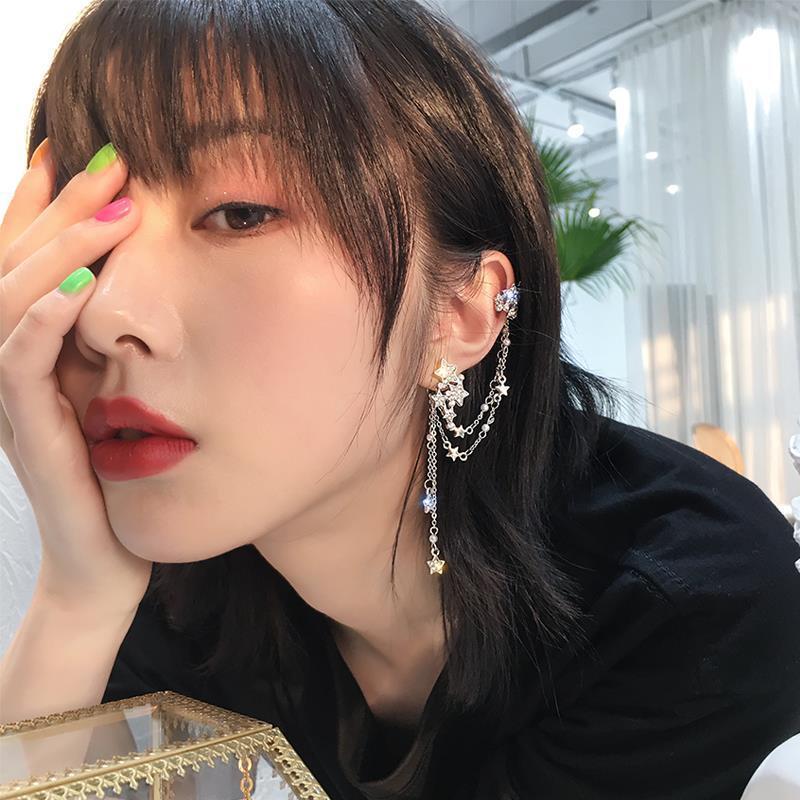 

Dangle & Chandelier Shiny Rhinestone Stars Earings Women Asymmetry Ear Bone Long Tassel Chain Jewelry Imitation Small Pearls Girls Earri