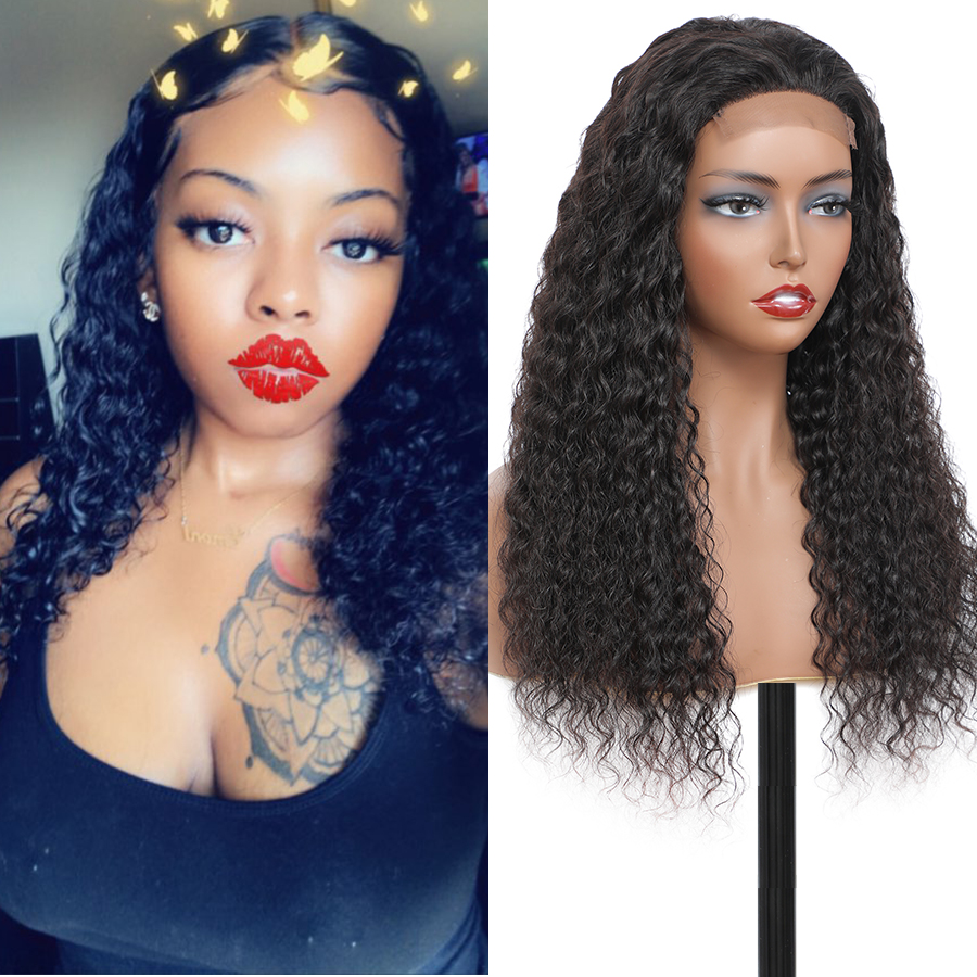 

30 32 34 36 inches 4x4 Lace Closure Front Wigs With Frontal 180% Density Brazilian Straight Kinky Curly Body Deep Water Wave Human Hair Transparent Wig for Women, Natural color(1b)