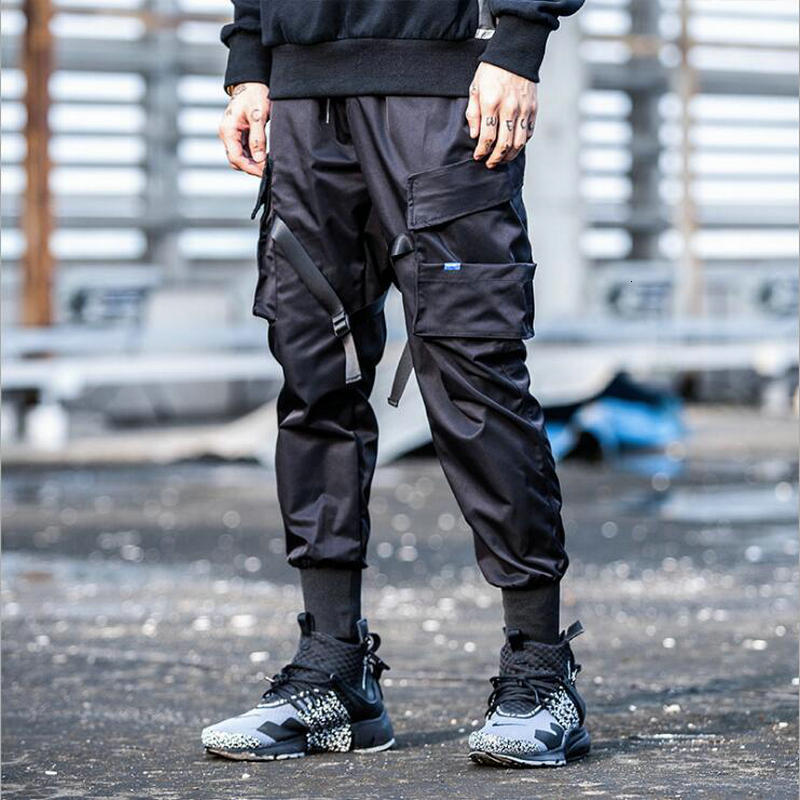 

New 2021 Western Style Hip Hop Multi Pocket Fashionable Casual Cargo Pants Streetwear Ribbons Joggers Trousers Men Oah0 G0an, Black