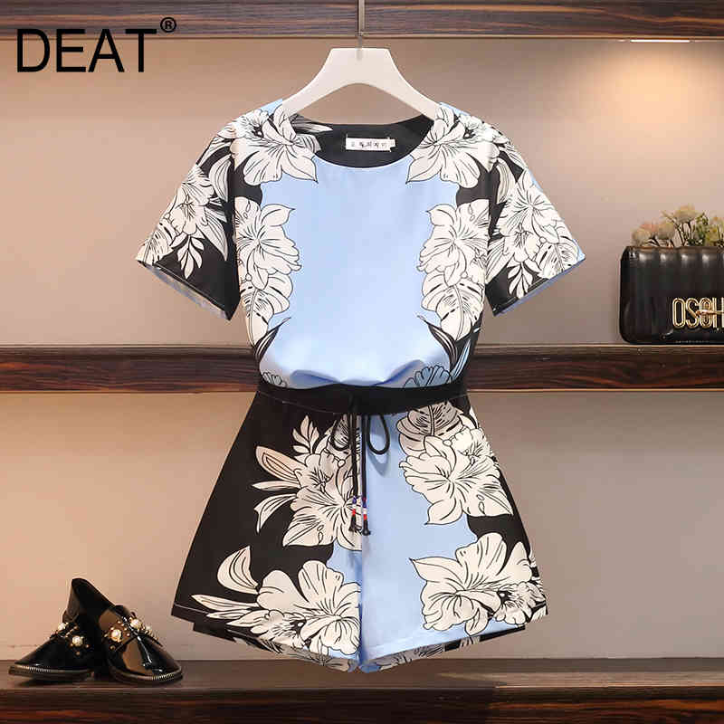 

Summer Fashion Casual Patchwork O Neck Print Loose Lace Up Slim Shorts Two-piece Suit Women SD530 210525, As picture