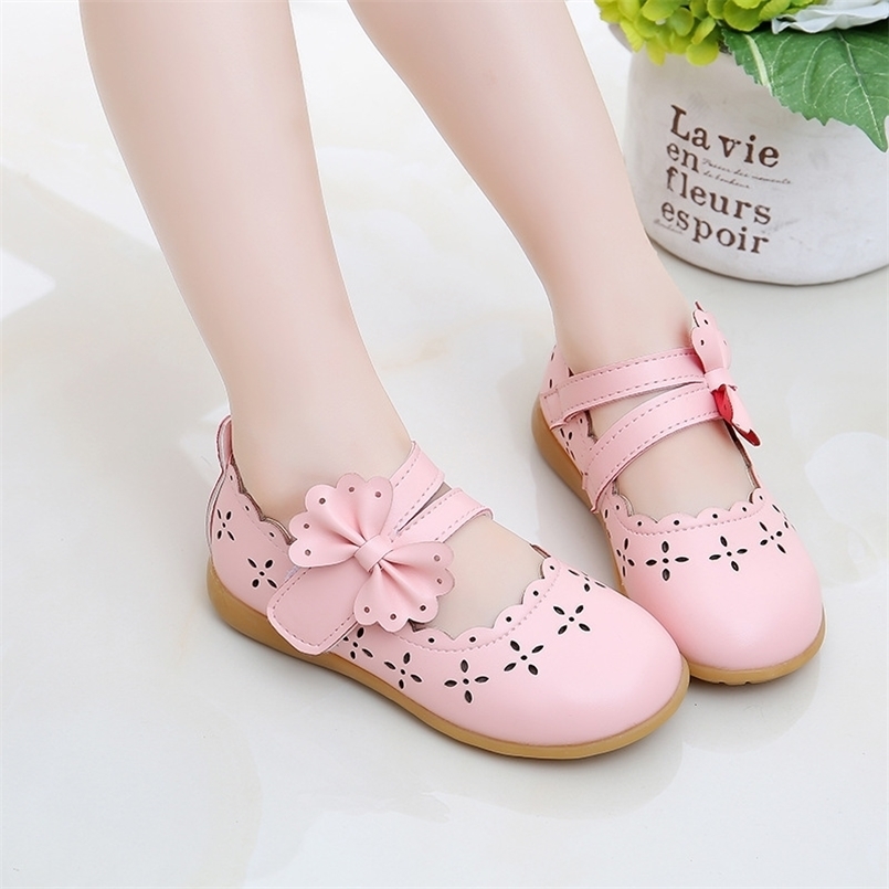 

JGVIKOTO Princess Soft Girls Shoes Toddlers Kids Flat Leather Shoes Cut-outs Bow-tie Breathable Fashion Pink White Flats 21-30 210922