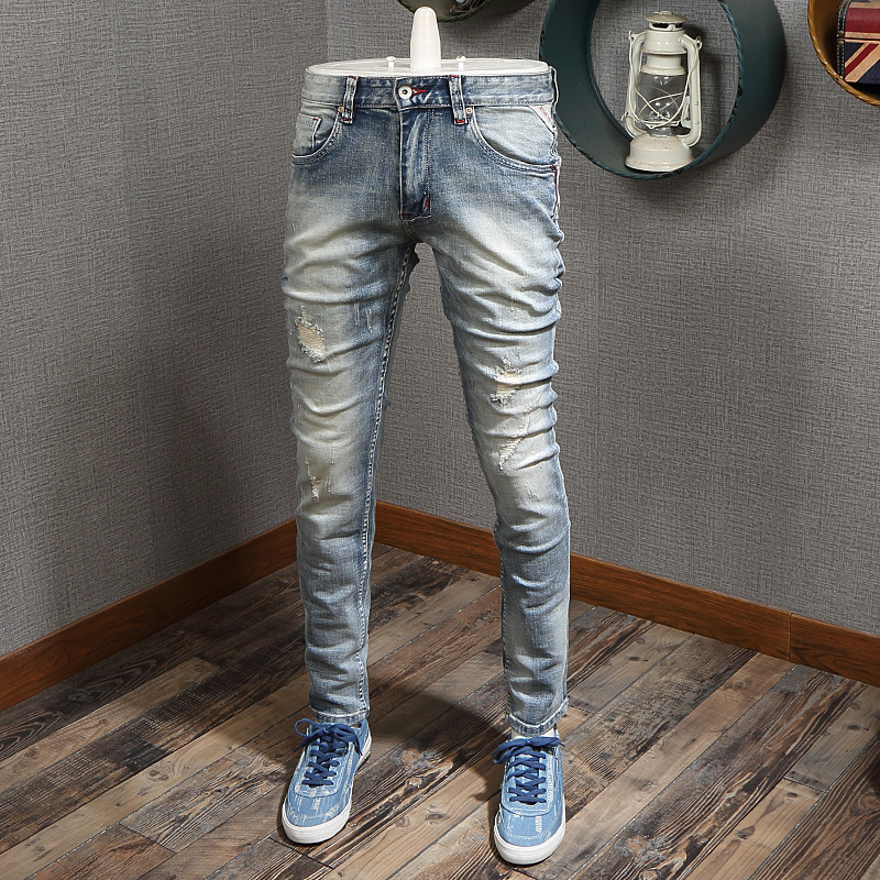 

2021 New Fashion Streetwear Light Blue Destroyed Ripped Men Slim Fit Baggy Pants Italian Vintage Designer Hip Hop Jeans 1qc3