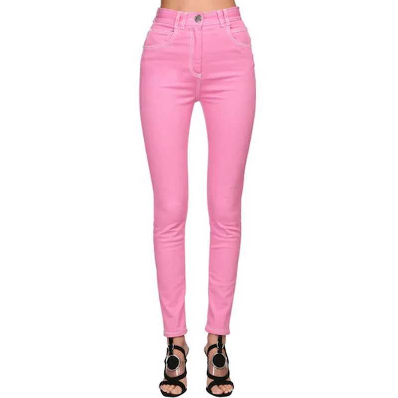 

HIGH QUALITY est Designer Jeans Women's Top Stitching Contrast Pink Denim Pants 210526