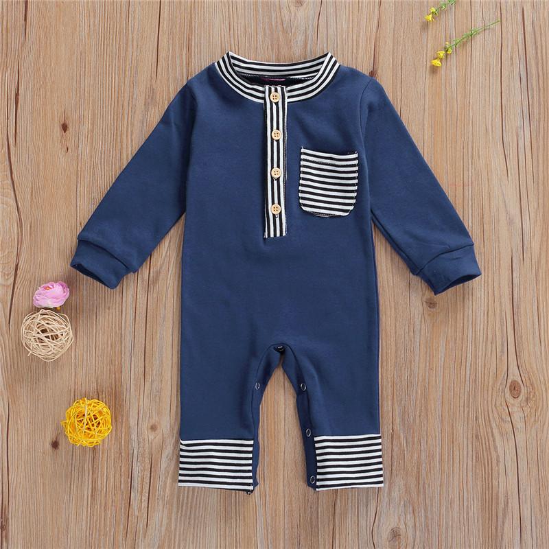 

Jumpsuits 0-24M Born Baby Boys Striped Romper With Pocket Button O-Neck Jumpsuit For Infant Toddler Kids Spring Fall, Blue