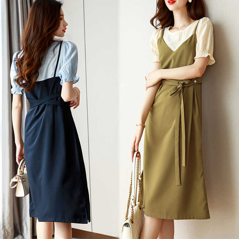 Fake Two-piece Dr&#039;s Summer 2021 High Waist Slim A-line Mid Length Dign Sling Skirt-image-702006342