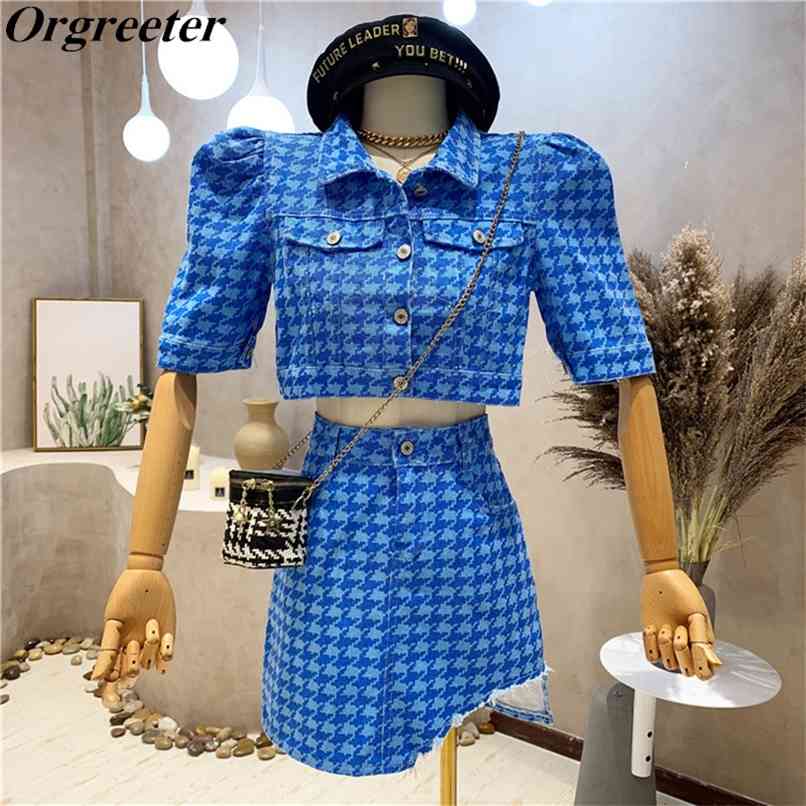 

INS Fashion Houndstooth Denim Ensembles Femme Summer Short Jacket High waist Irregular Skirt Two piece set Women 210602, Blue